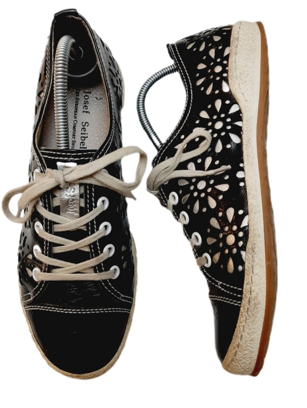 JOSEF SEIBEL Laser-Cut Floral Lace-Up Sneakers Sz US 7 EU 38 Comfort Shoe Black